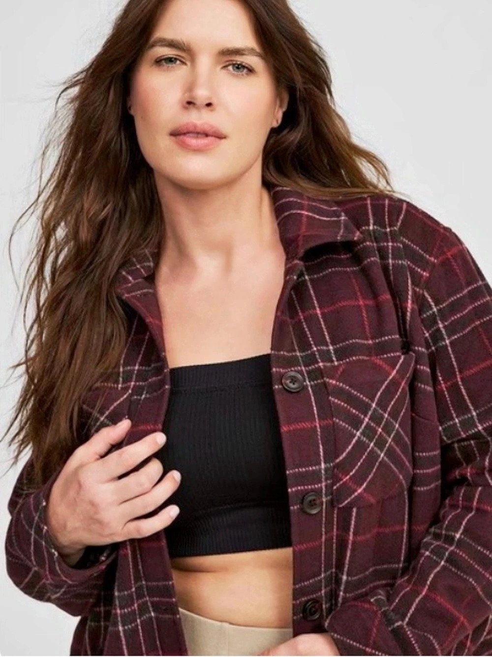 Torrid Cozy Double Knit Shacket Plaid Shacket in Burgundy Size 3X NWT